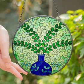 Art Lovers' Tiffany Style Emerald Green Cobalt Blue Botanical Stained Glass Mosaic Stained Glass Suncatcher