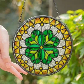 Nature Lovers' Tiffany Style Stained Glass Four-Leaf Clover Heart-Leaf Emerald Gold Mosaic Stained Glass Suncatcher