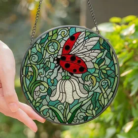 Nature Lovers' Vibrant Stained Glass Ladybug White Bell Flower Emerald Green Leaves Tiffany Style Mosaic Pattern Stained Glass Suncatcher