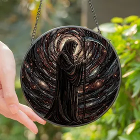 Dark Fantasy Enthusiasts' Tiffany Stained Glass Grim Reaper Cosmic Void Mosaic Jewel Tones Stained Glass Suncatcher