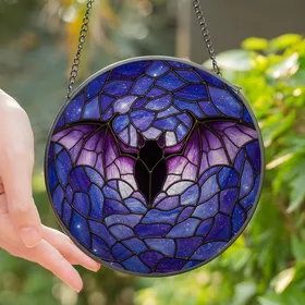 Gothic Art Enthusiasts' Stained Glass Bat Intricate Cosmic Purple Black Jewel Tone Mosaic Stained Glass Suncatcher