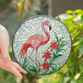 Nature Lovers' Vibrant Stained Glass Pink Flamingo Tropical Lily Tiffany Style Mosaic Stained Glass Suncatcher