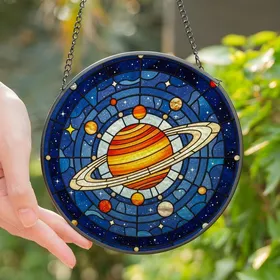 Cosmic Art Lovers' Vibrant Tiffany Stained Glass Saturn Planets Deep Space Mosaic Stained Glass Suncatcher