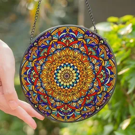 Art Lovers' Radiant Tiffany Stained Glass Floral Mandala Intricate Petal Mosaic Jewel Tones Stained Glass Suncatcher