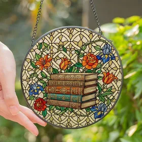 Book Lovers' Tiffany Stained Glass Vintage Books Floral Geometric Mosaic Jewel Tones Stained Glass Suncatcher