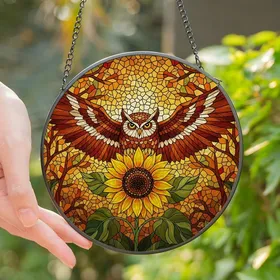 Nature Art Enthusiasts' Jewel-Toned Stained Glass Owl Sunflower Autumn Forest Mosaic Stained Glass Suncatcher