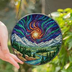 Art Lovers' Intricate Stained Glass Cosmic Vortex Mountain River Celestial Mosaic Stained Glass Suncatcher