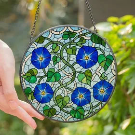 Nature Enthusiasts' Glowing Tiffany Stained Glass Cobalt Blue Morning Glory Emerald Green Leaves Intricate Mosaic Stained Glass Suncatcher