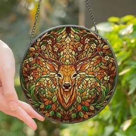 Nature Lovers' Intricate Tiffany Stained Glass Deer Head Amber Forest Green Autumn Mosaic Art Stained Glass Suncatcher