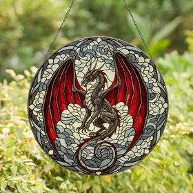 Fantasy Art Lovers' Majestic Dragon Tiffany Stained Glass White Red Blue-Grey Celestial Mosaic Stained Glass Suncatcher