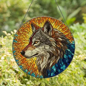 Nature Lovers' Tiffany Style Stained Glass Wolf Head Golden Orange Blue Cosmic Art Stained Glass Suncatcher
