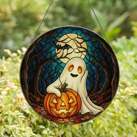 Halloween Lovers' Tiffany Glass Ghost & Jack-o'-Lantern Moonlit Forest Mosaic Stained Glass Suncatcher