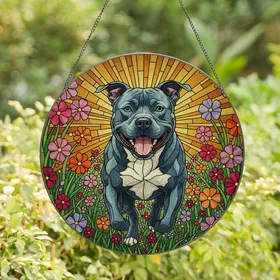 Pitbull Lovers' Dynamic Blue-Nose Pitbull Stained Glass Floral Sunburst Mosaic Stained Glass Suncatcher