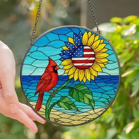 Patriotic Nature Lovers' Tiffany-Style Stained Glass Red Cardinal Patriotic Sunflower Coastal Mosaic Art Stained Glass Suncatcher