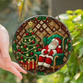 Christmas Decor Lovers Intricate Jewel-Toned Tiffany Stained Glass Sleeping Santa Emerald Armchair Christmas Tree Mosaic Pattern Stained Glass Suncatcher