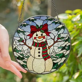Holiday Enthusiasts' Tiffany Stained Glass Snowman Jewel Tone Winter Forest Mosaic Pattern Stained Glass Suncatcher