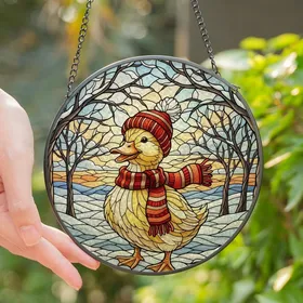 Nature Art Enthusiasts' Cheerful Golden Yellow Red Stained Glass Duckling Winter Wonderland Stained Glass Suncatcher