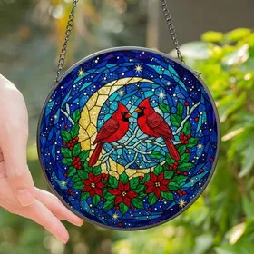 Nature Lovers' Jewel Tone Stained Glass Cardinals Winter Celestial Mosaic Stained Glass Suncatcher