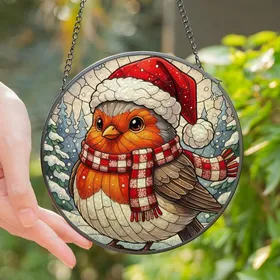 Holiday Enthusiasts' Cute Stained Glass Robin Red Amber Winter Evergreen Mosaic Stained Glass Suncatcher