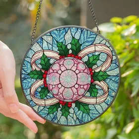 Holiday Enthusiasts' Jewel-Toned Stained Glass Christmas Ornament Design with Pink Starburst, Holly, Berries, Swirling Ice Mosaic Stained Glass Suncatcher