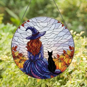 Fantasy Art Lovers' Intricate Tiffany Stained Glass Witch & Black Cat Autumn Mosaic Jewel Tones Stained Glass Suncatcher