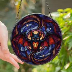 Fantasy Art Lovers' Whimsical Glowing Bat Stained Glass Jewel Tone Twilight Mosaic Stained Glass Suncatcher