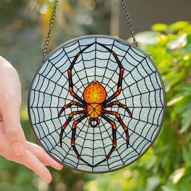 Fantasy Design Admirers' Glowing Orange Black Spider Intricate Blue Sky Stained Glass Web Stained Glass Suncatcher