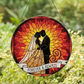 Wedding Celebration Tiffany Stained Glass Bridal Couple Embrace Fiery Orange Red Mosaic Stained Glass Suncatcher