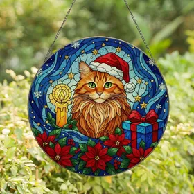 Cat Lovers' Whimsical Stained Glass Orange Tabby Cat Santa Hat Poinsettia Night Sky Mosaic Pattern Stained Glass Suncatcher