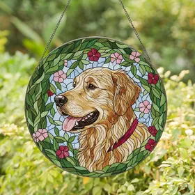 Dog Lovers' High Contrast Golden Retriever Tiffany Stained Glass Floral Mosaic Stained Glass Suncatcher