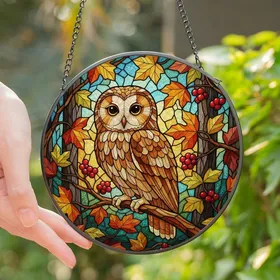 Nature Lovers' Intricate Stained Glass Tawny Owl Autumn Foliage Mosaic Jewel Tones Golden Emerald Burgundy Stained Glass Suncatcher