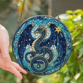 Dragon Lovers' Majestic Celestial Dragon Glowing Nebula Stained Glass Art in Navy, Gold, Teal Stained Glass Suncatcher