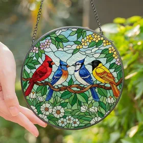 Nature Lovers' Jewel Tone Stained Glass Songbirds Ruby Blue Emerald Yellow Floral Mosaic Stained Glass Suncatcher