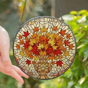 Nature Lovers' Glowing Stained Glass Autumn Maple Leaves Amber Floral Vase Mosaic Stained Glass Suncatcher