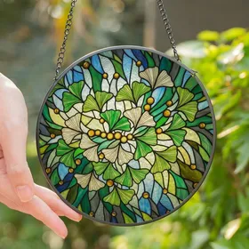 Nature Lovers' Tiffany Style Stained Glass Ginkgo Leaves Dappled Forest Mosaic Vibrant Green Yellow Stained Glass Suncatcher