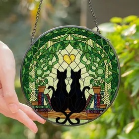 Cat Lovers' Tiffany Style Stained Glass Black Cats Intertwined Tails Yellow Heart Jewel Tones Bookshelf Vines Stained Glass Suncatcher