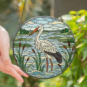 Nature Lovers' Tiffany Stained Glass Stork Marshland Mosaic Emerald Green Orange Cream Stained Glass Suncatcher