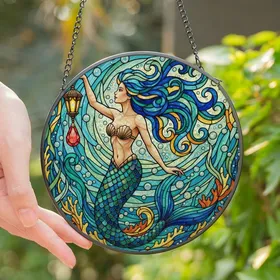 Ocean Lovers' Intricate Stained Glass Mermaid Mosaic, Glowing Jewel Tones Blue Teal Golden Yellow Stained Glass Suncatcher
