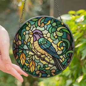 Nature Lovers' Vibrant Purple Bird Tiffany Stained Glass Intricate Foliage Mosaic Jewel Tones Stained Glass Suncatcher