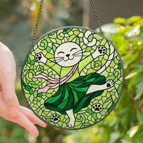 Cat Lovers' Whimsical Stained Glass Dancing Cat Vibrant Lime Green Pink Forest Green Mosaic Art Stained Glass Suncatcher
