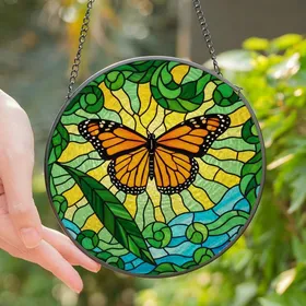 Nature Lovers' Vibrant Stained Glass Monarch Butterfly Tiffany Style Mosaic Radiant Orange Emerald Green Azure Stained Glass Suncatcher