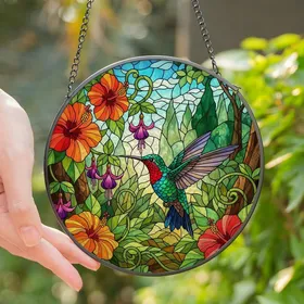 Nature Lovers' Edge-to-Edge Stained Glass Ruby Hummingbird Tropical Hibiscus Jungle Floral Mosaic Art Stained Glass Suncatcher