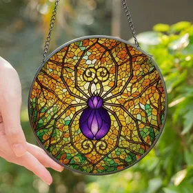 Art Lovers' Royal Purple Bronze Tiffany Stained Glass Spider Autumn Forest Canopy Design Stained Glass Suncatcher