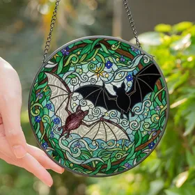 Fantasy Gothic Art Lovers' Iridescent Stained Glass Bat Mosaic Purple Black Tiffany Style Intricate Vine Moonlight Stained Glass Suncatcher