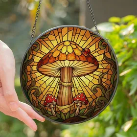 Nature Lovers' Vibrant Tiffany Style Stained Glass Amber Mushroom & Forest Sunbeam Mosaic Stained Glass Suncatcher