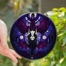 Gothic Style Enthusiasts' Intricate Stained Glass Vampire Bat Girl Deep Violet Crimson Gothic Moonlit Mosaic Stained Glass Suncatcher