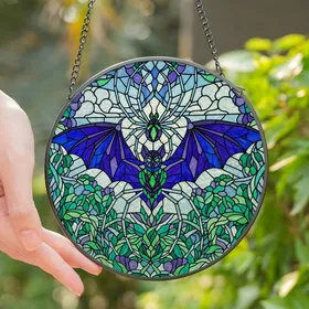 Gothic Art Lovers' Tiffany Stained Glass Bat Spider Lush Botanical Jewel Tone Mosaic Stained Glass Suncatcher