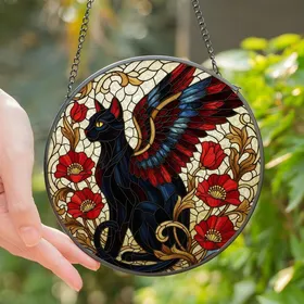 Cat Lovers' Ornate Tiffany Stained Glass Black Winged Cat Red Poppies Golden Amber Floral Mosaic Stained Glass Suncatcher