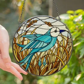Art Enthusiasts' Tiffany Stained Glass Teal Bird, Autumnal Reeds & Jewel Tone Mosaic Stained Glass Suncatcher