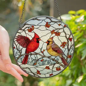 Nature Lovers' Intricate Tiffany Style Red Yellow Violet Cardinal Winter Berries Mosaic Stained Glass Suncatcher